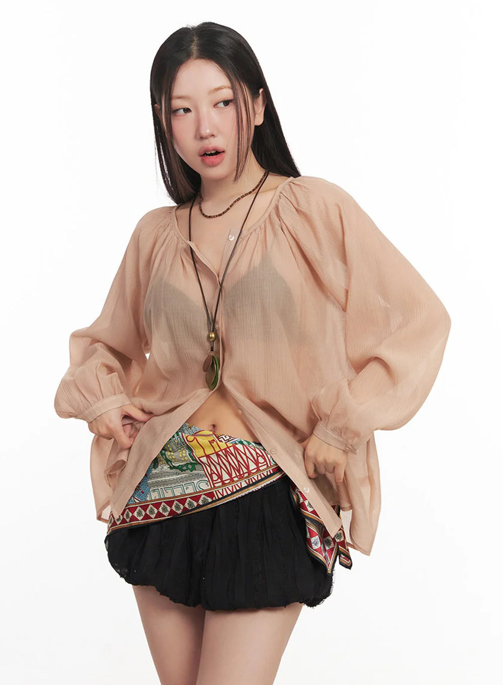 Shirred Sheer Buttoned Blouse IM528 - Image 5