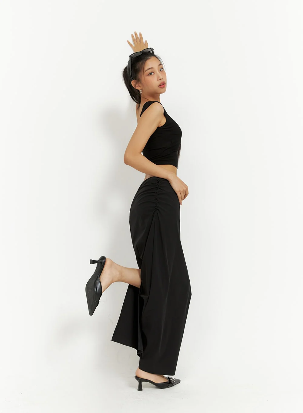 Shirred Solid Maxi Skirt IU412