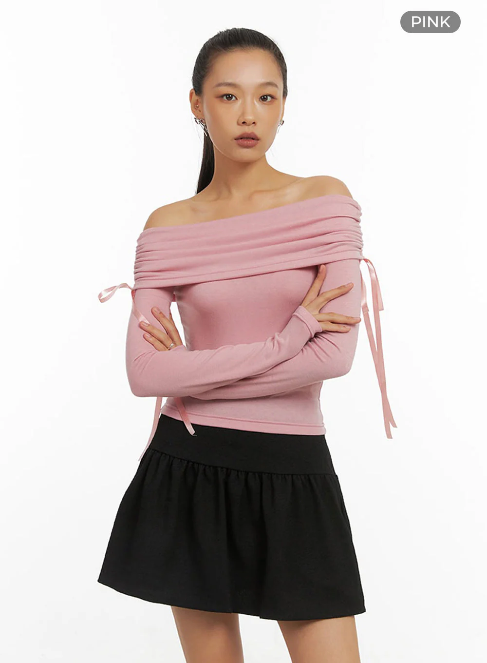 Shirred Solid Off Shoulder Crop Top IO409 - Image 16