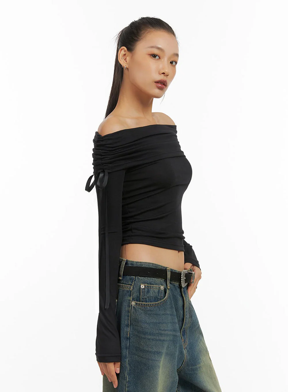 Shirred Solid Off Shoulder Crop Top IO409 - Image 6