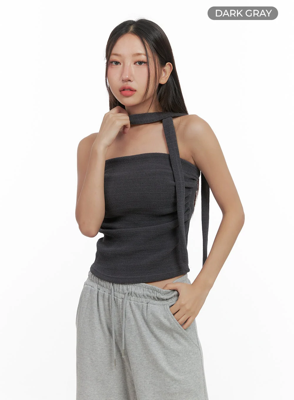 Shirred Solid Tube Crop Top and Scarf Set CO404 - Image 8