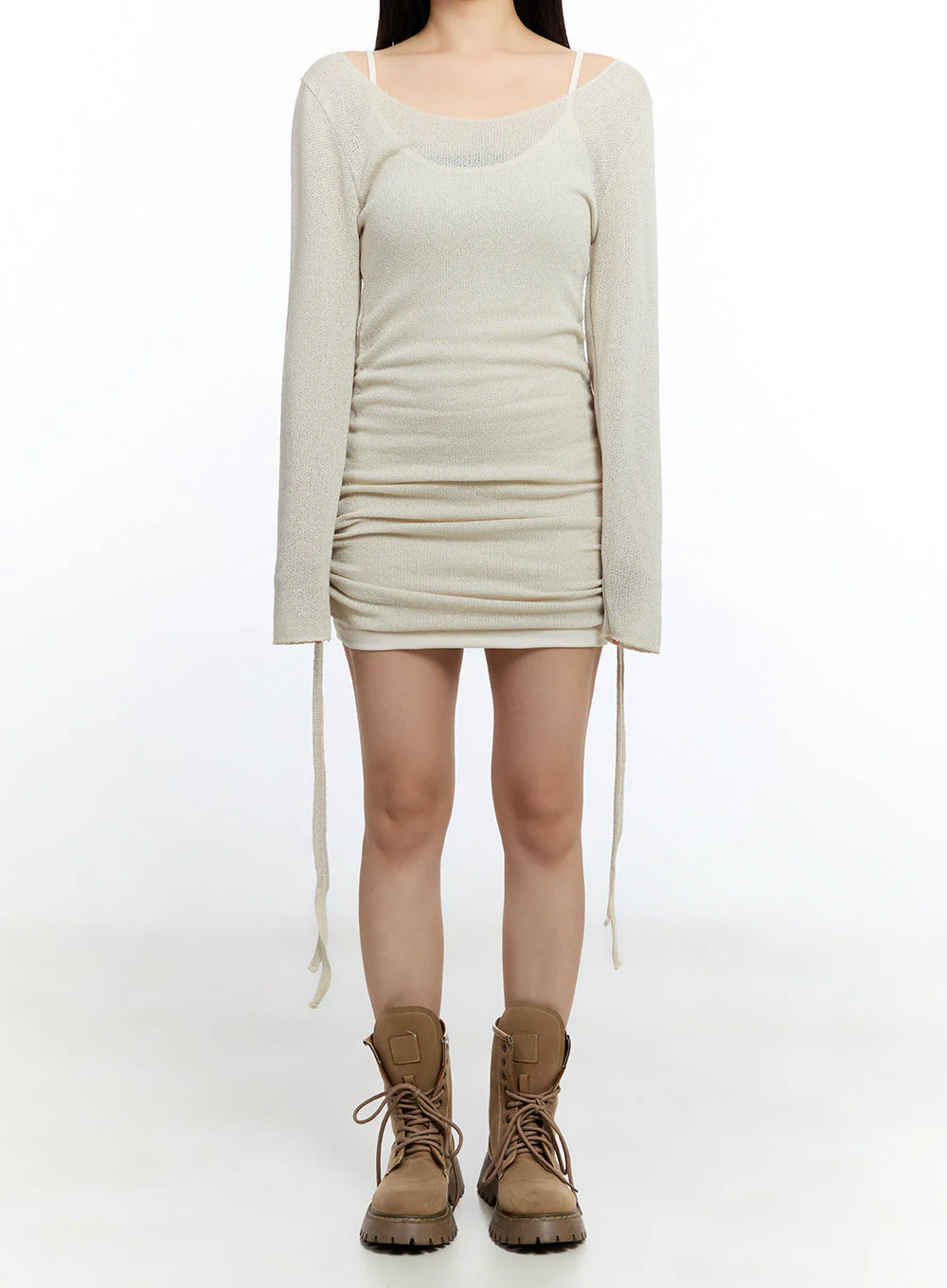 Shirred String Long-Sleeve Mini Dress IU503