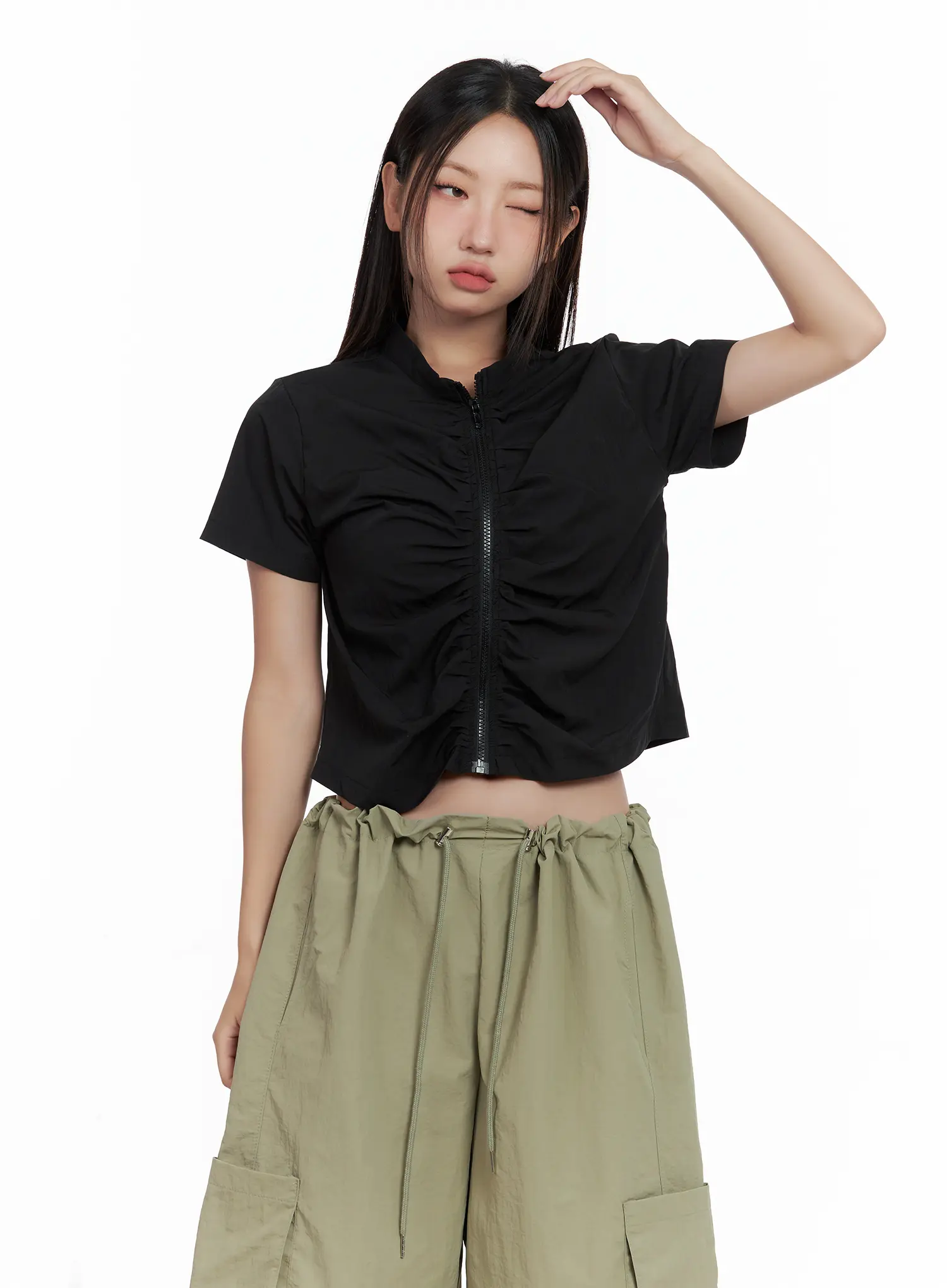 Shirred Zip Nylon Short-Sleeve Jacket CL509 - Image 10