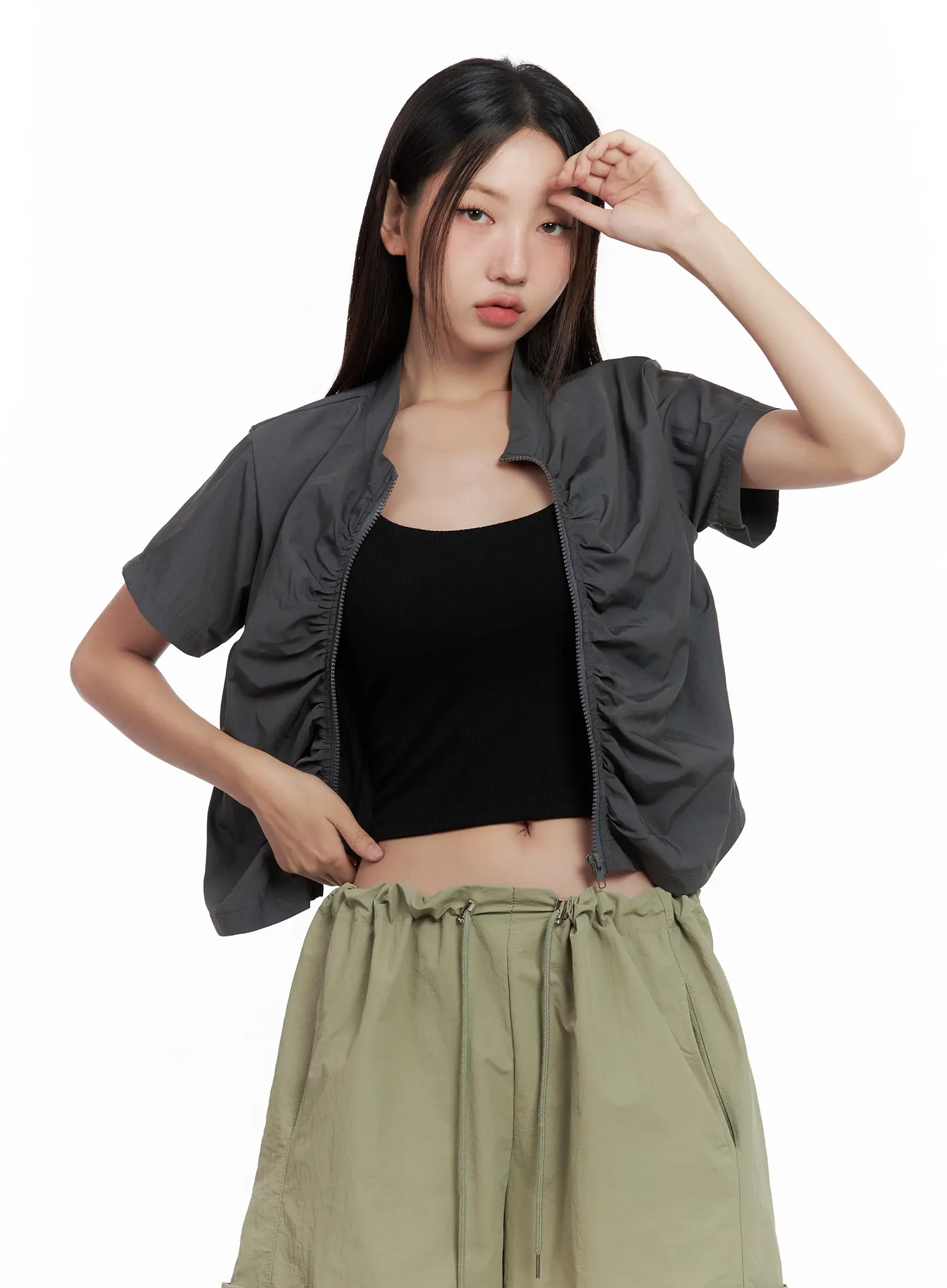 Shirred Zip Nylon Short-Sleeve Jacket CL509 - Image 2