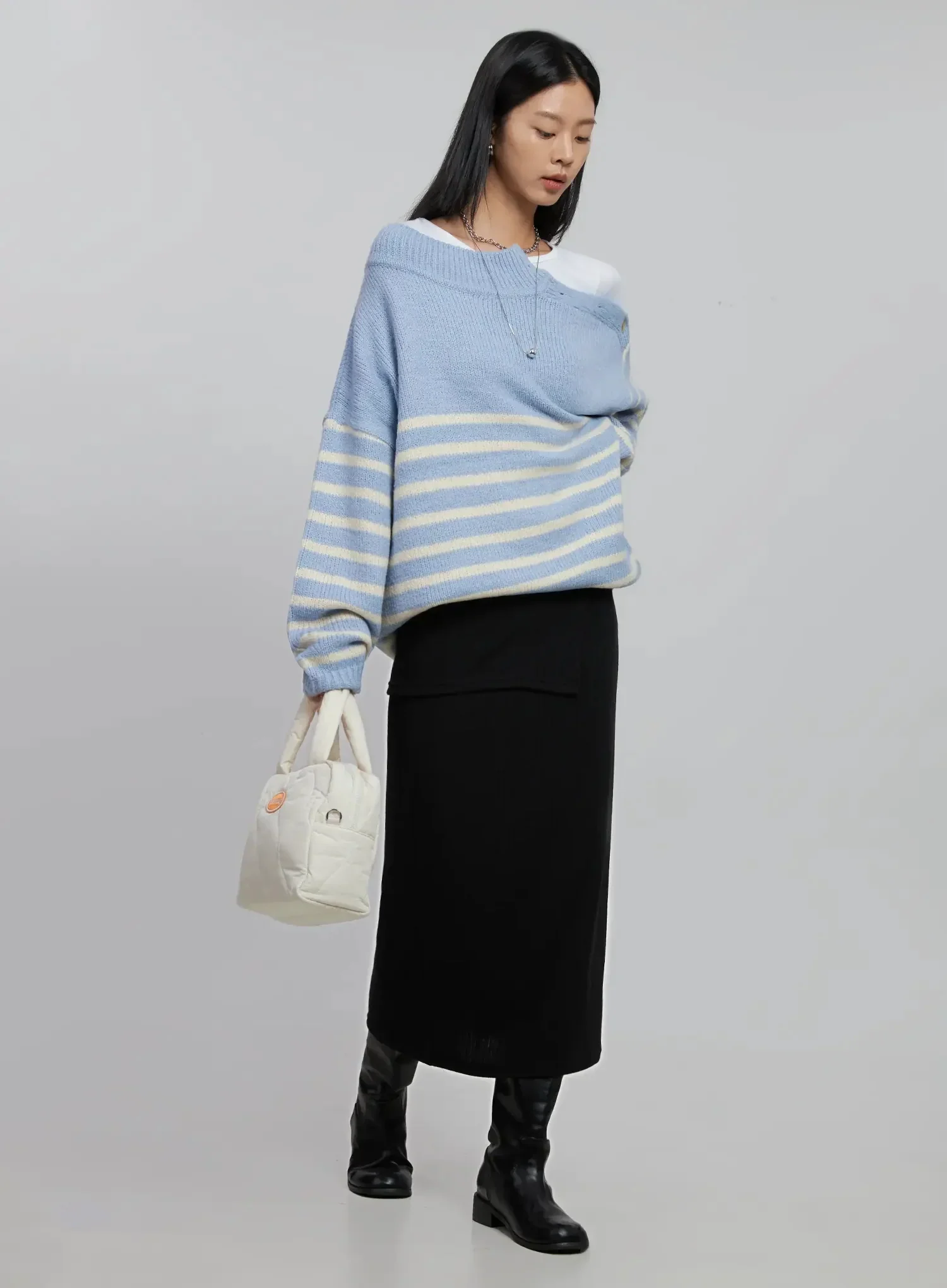 Shoulder Cutout Striped Knit Sweater ID504 - Image 15