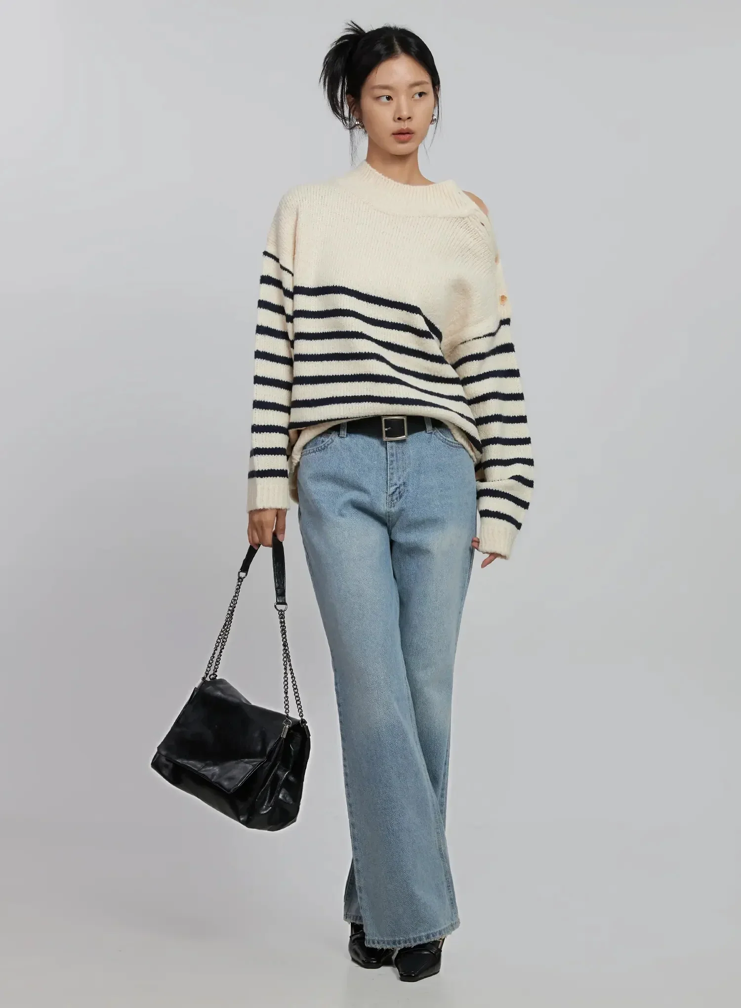Shoulder Cutout Striped Knit Sweater ID504 - Image 3