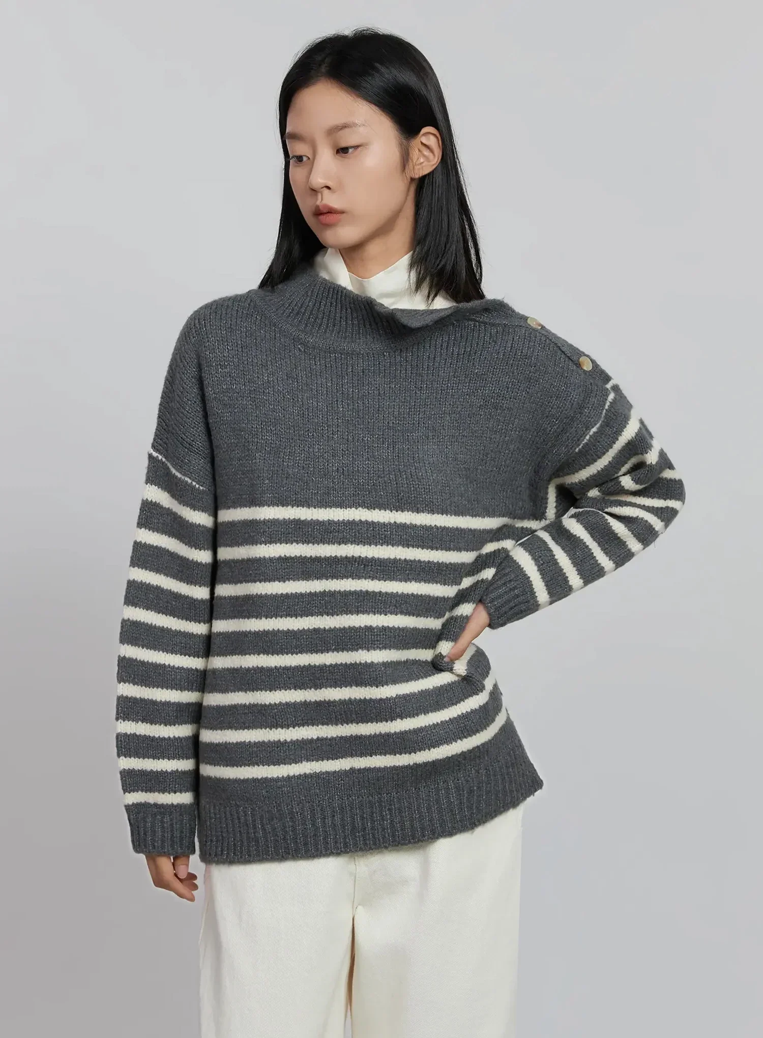 Shoulder Cutout Striped Knit Sweater ID504 - Image 5