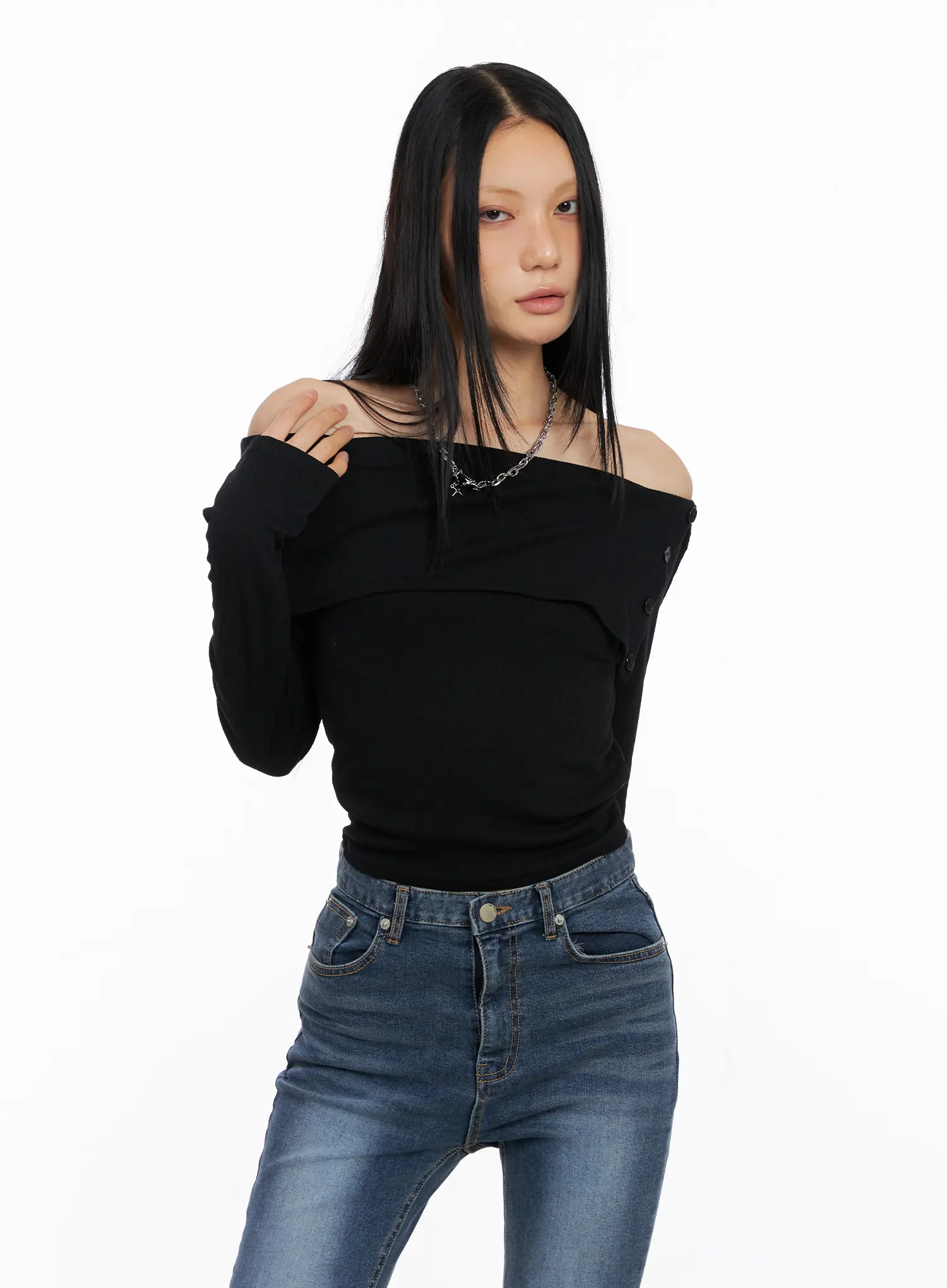 Side-Button Off-Shoulder Long Sleeve CS509 - Image 9