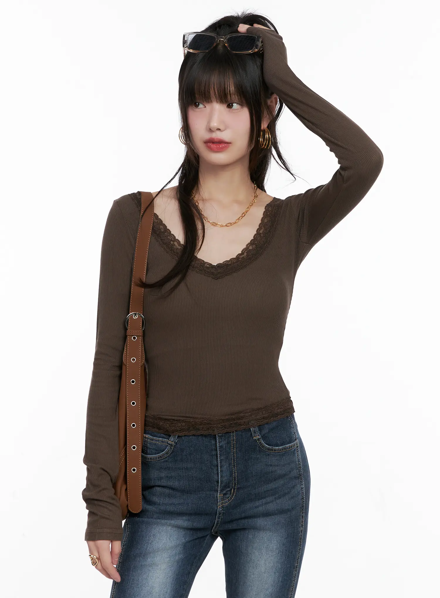 Slim Ribbed Lace Trim Top CG519
