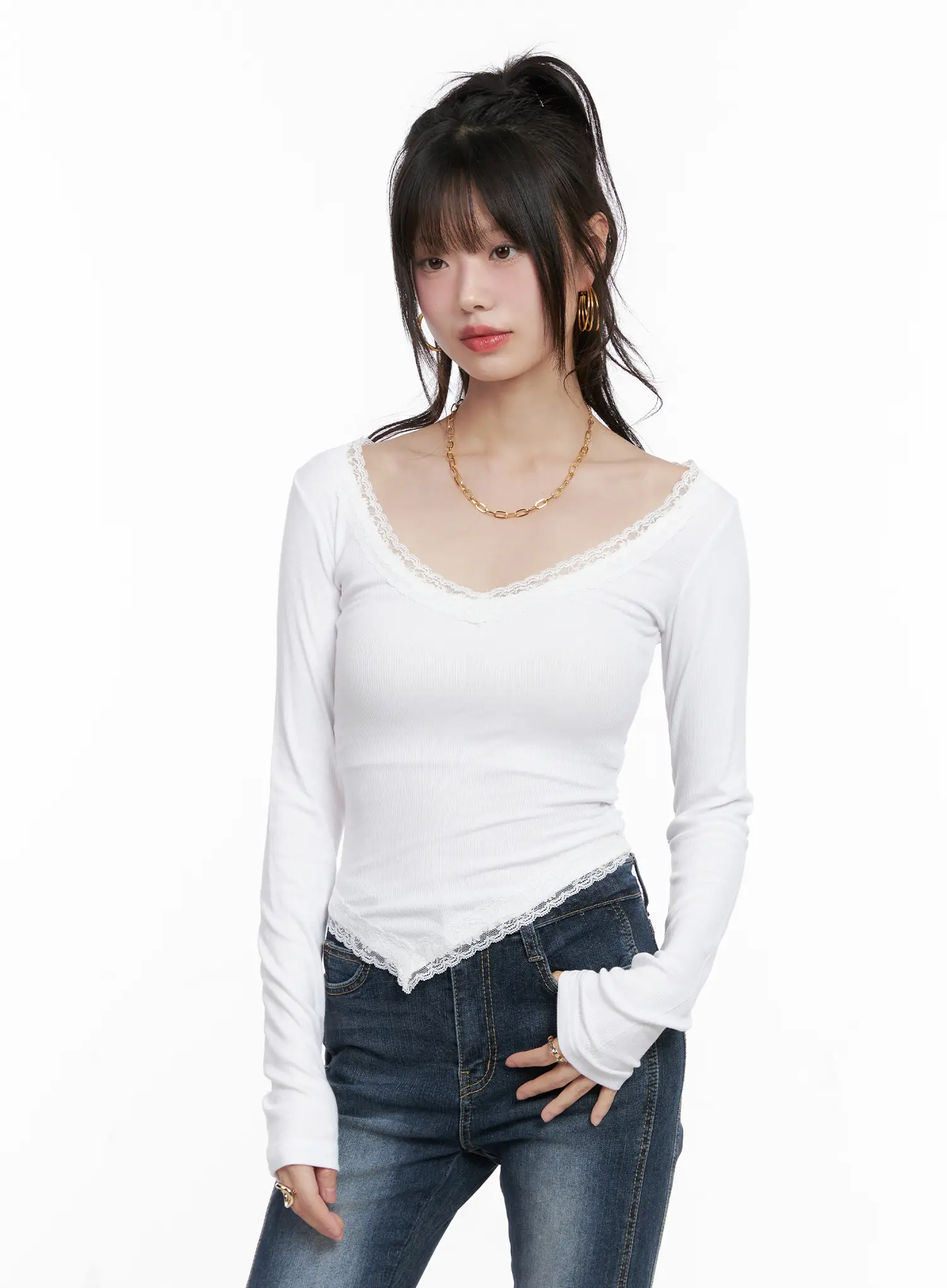 Slim Ribbed Lace Trim Top CG519 - Image 9