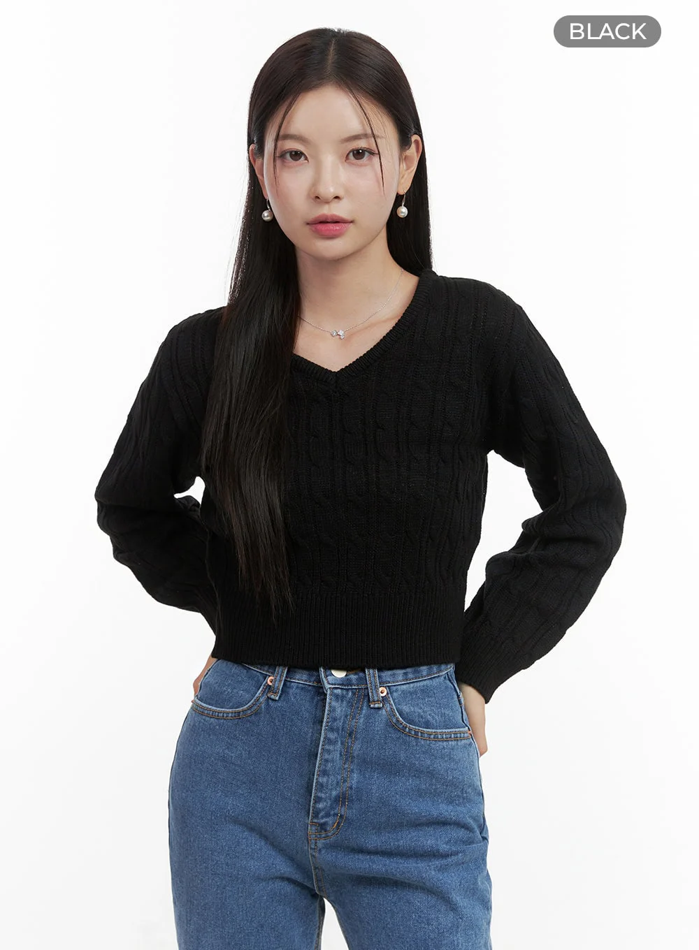 Slim V-Neck Cable Knit Sweater OO416 - Image 10