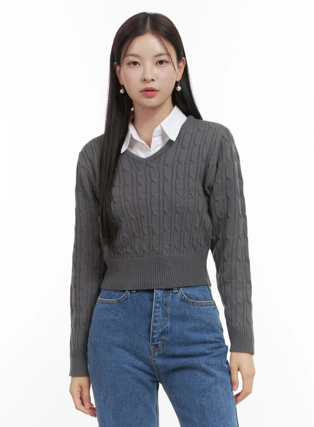 Slim V-Neck Cable Knit Sweater OO416 - Image 4