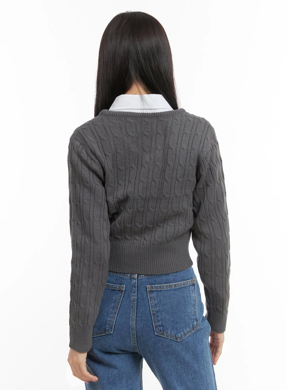 Slim V-Neck Cable Knit Sweater OO416 - Image 6