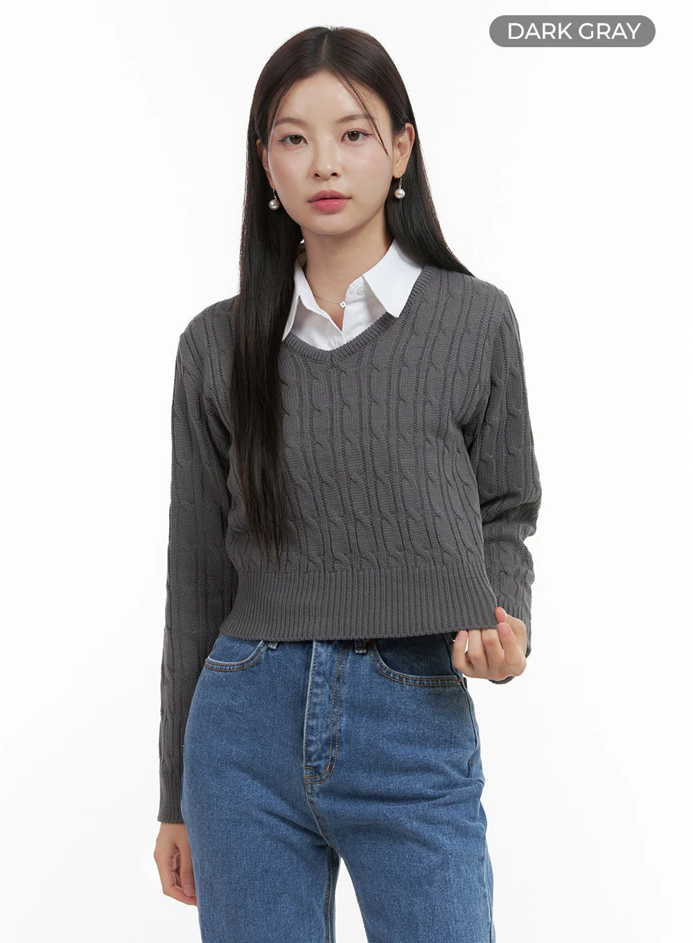 Slim V-Neck Cable Knit Sweater OO416 - Image 7