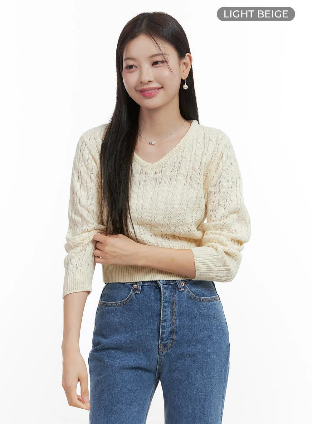 Slim V-Neck Cable Knit Sweater OO416 - Image 8