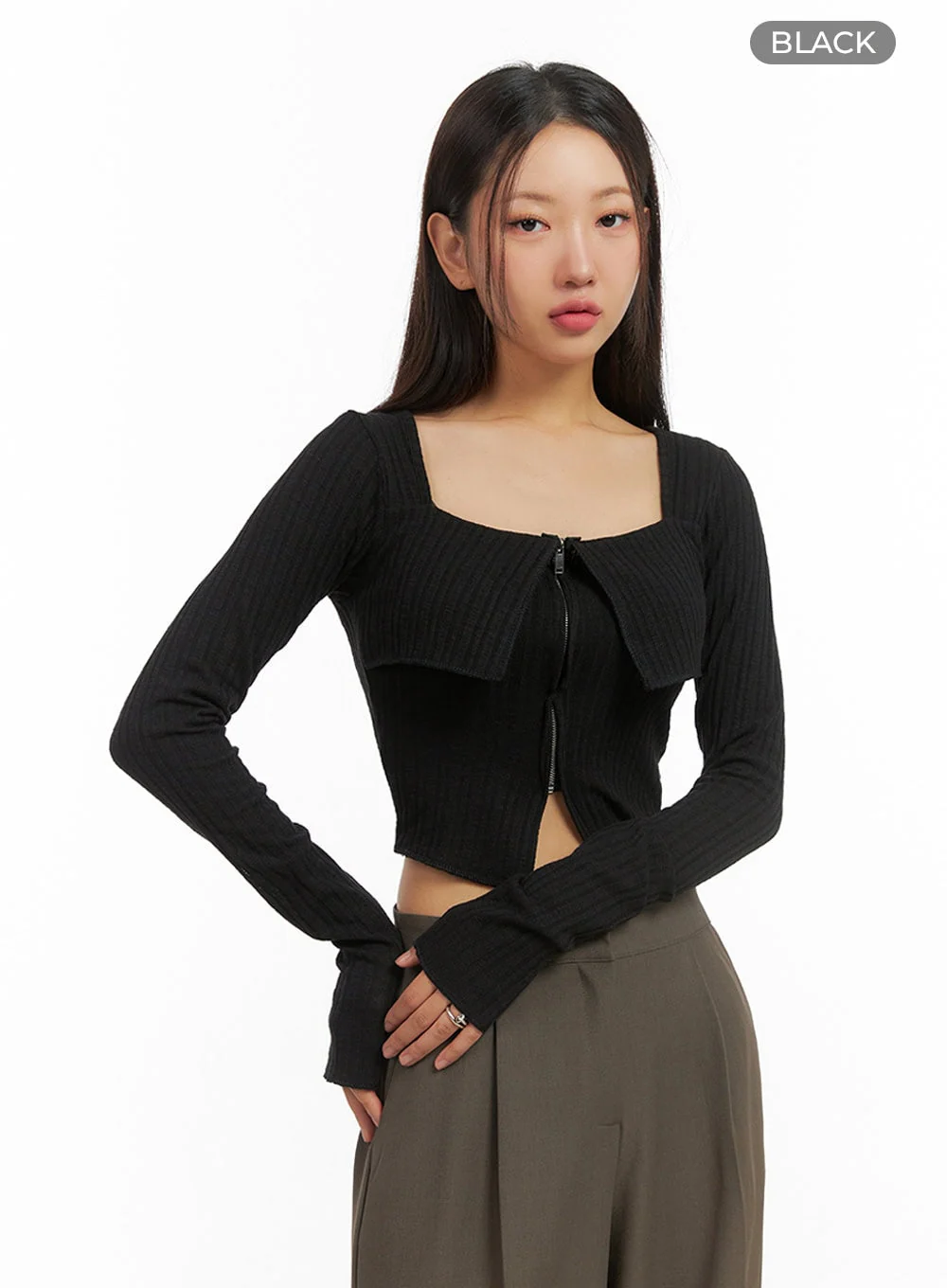 Slit Zip-Up Square Neck Crop Top IS402 - Image 11