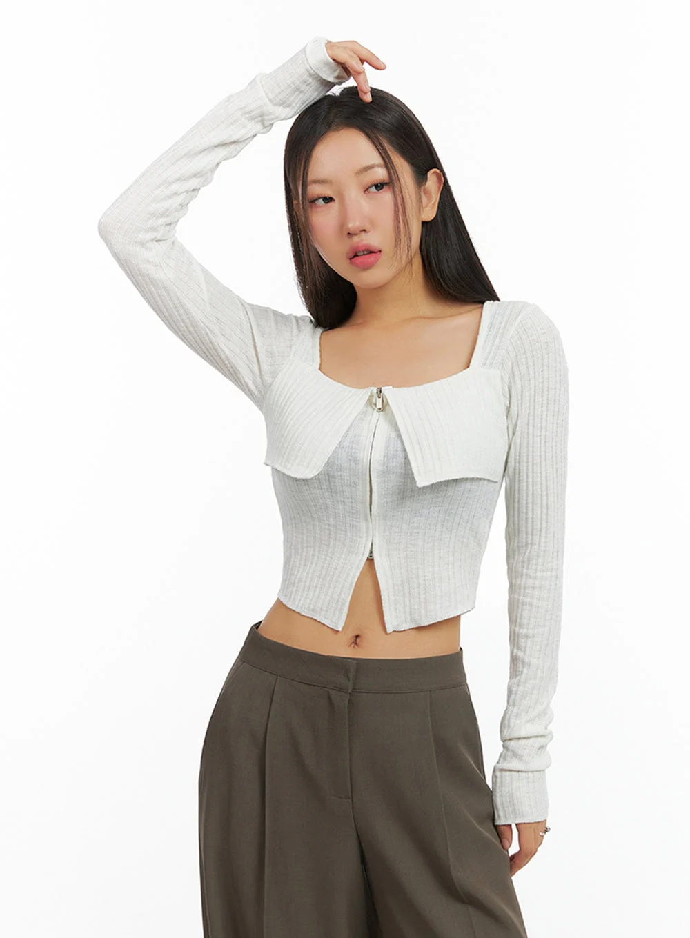 Slit Zip-Up Square Neck Crop Top IS402 - Image 4