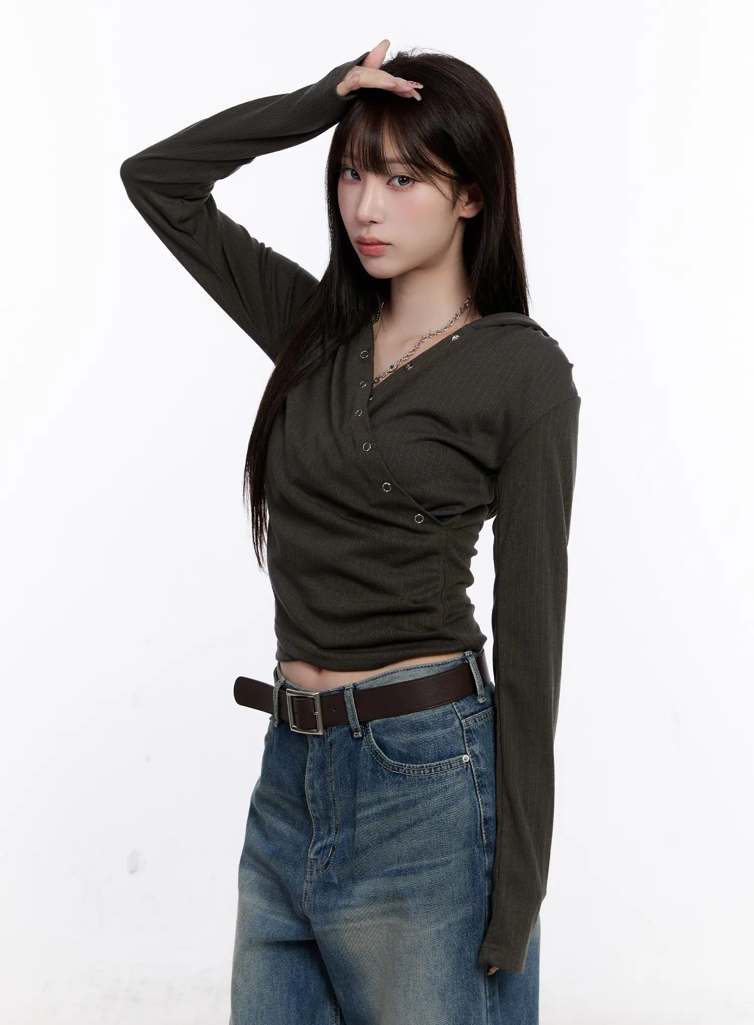 Snap Button Long Sleeve Hooded Top CS530 - Image 8