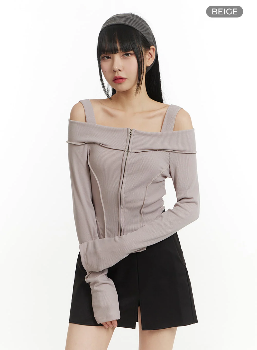 Solid Zipper Detail Off Shoulder Long Sleeve IM406 - Image 10