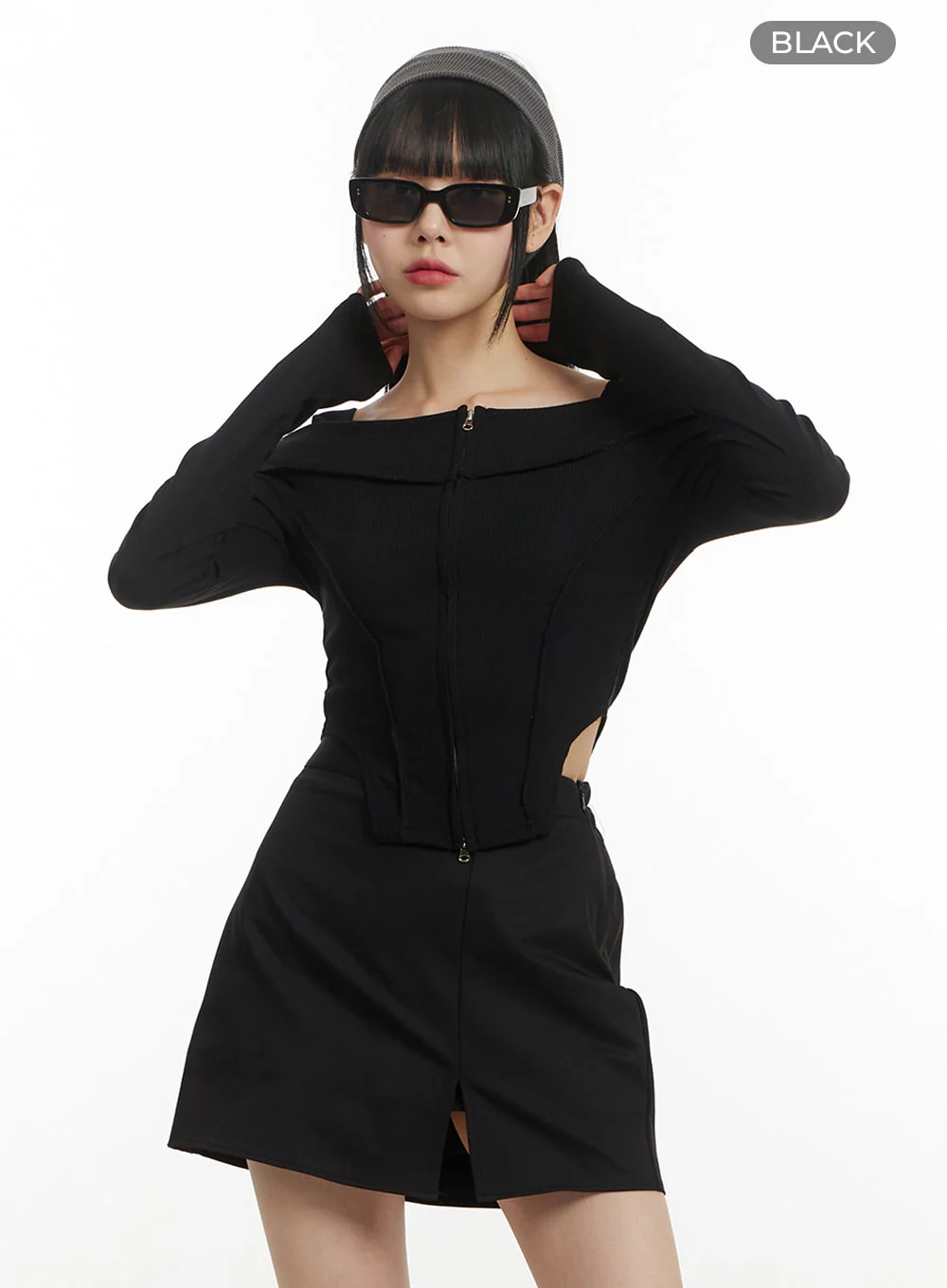 Solid Zipper Detail Off Shoulder Long Sleeve IM406 - Image 8