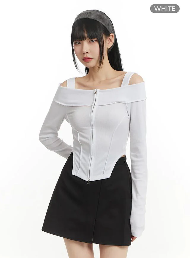 Solid Zipper Detail Off Shoulder Long Sleeve IM406 - Image 9