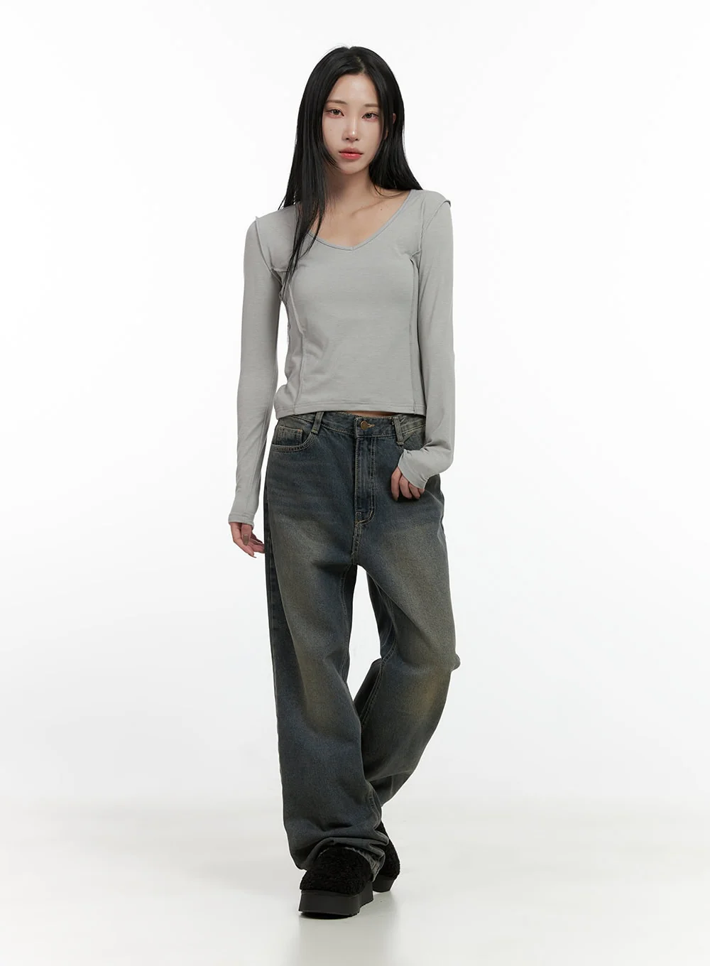 Stitched V-Neck Long Sleeve Top CN407 - Image 2