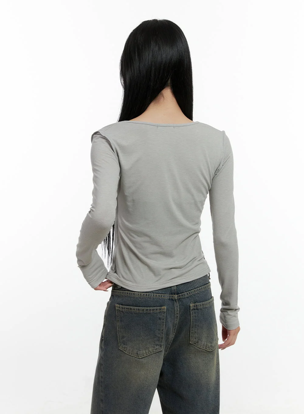 Stitched V-Neck Long Sleeve Top CN407 - Image 5