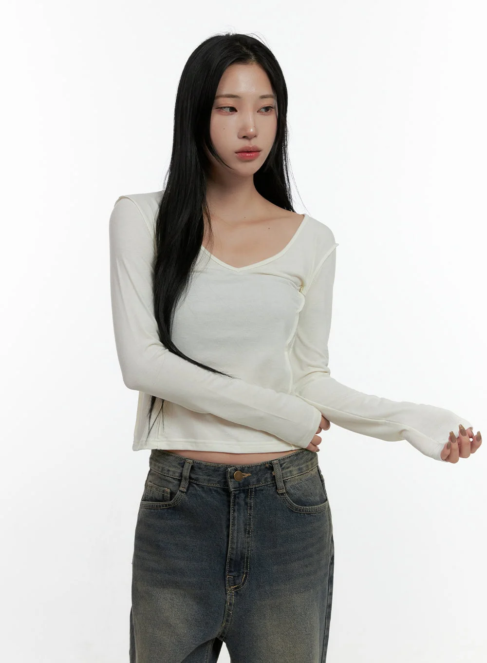 Stitched V-Neck Long Sleeve Top CN407 - Image 7