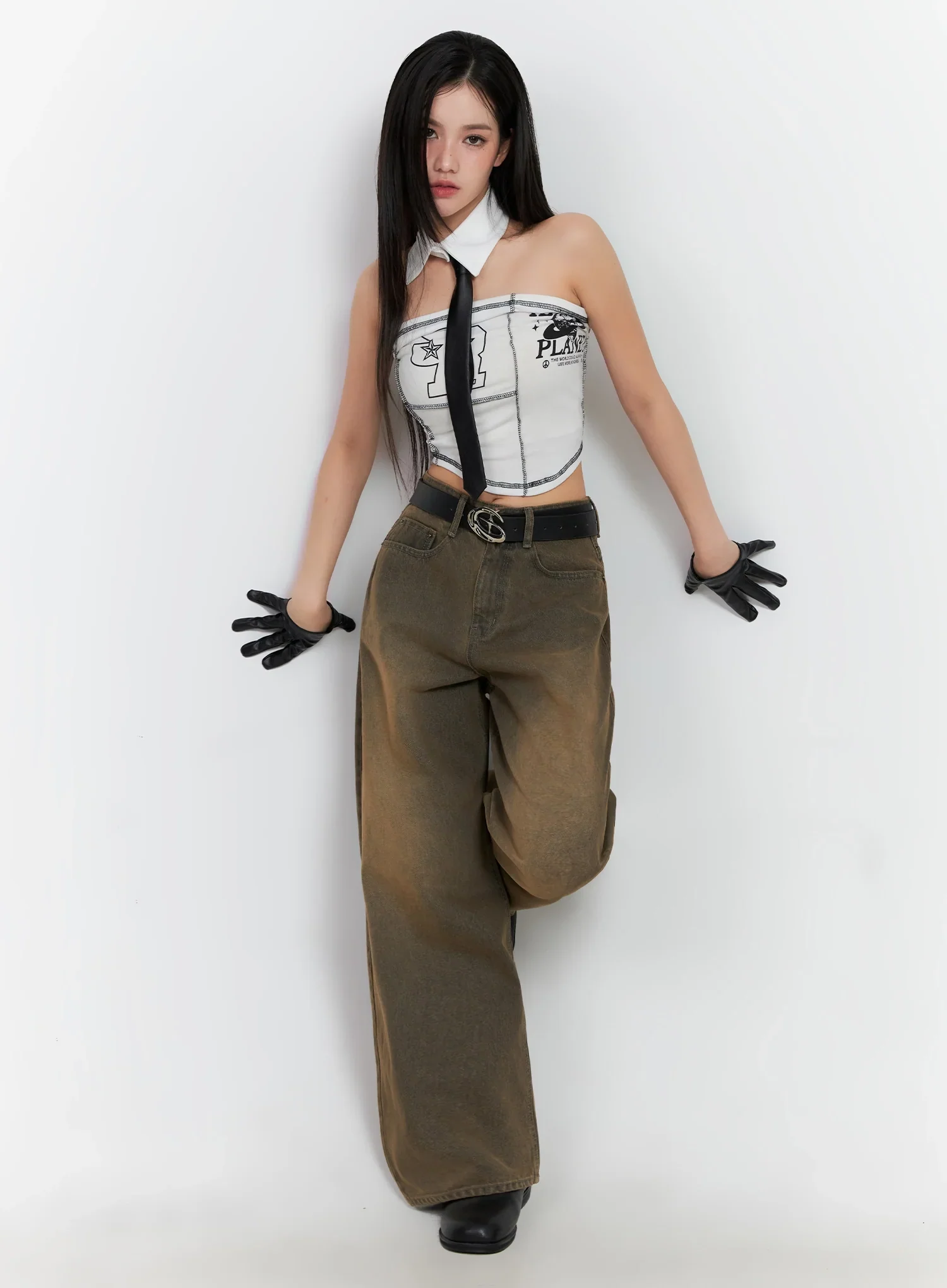 [STR] Mirren Brown Washed Baggy Jeans IS525 - Image 2