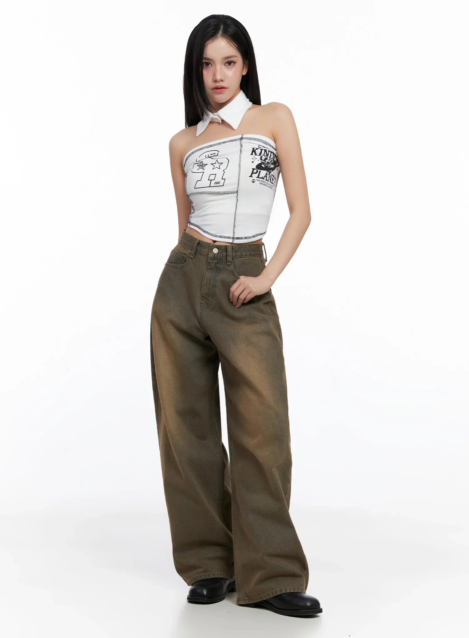 [STR] Mirren Brown Washed Baggy Jeans IS525 - Image 5