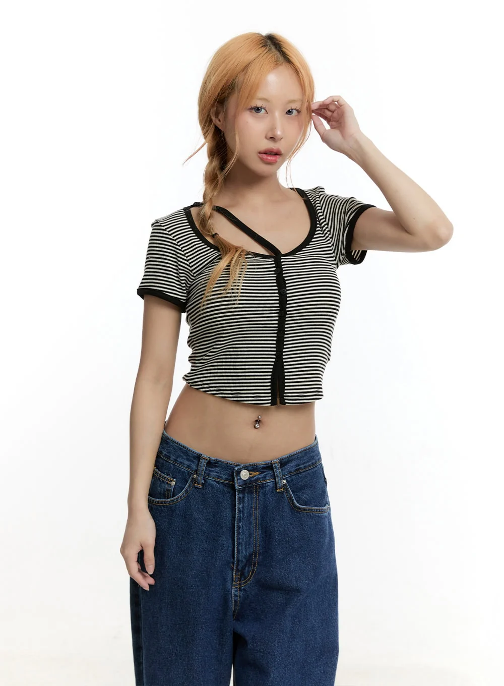 Stripe Buttoned Crop Top CY501 - Image 13