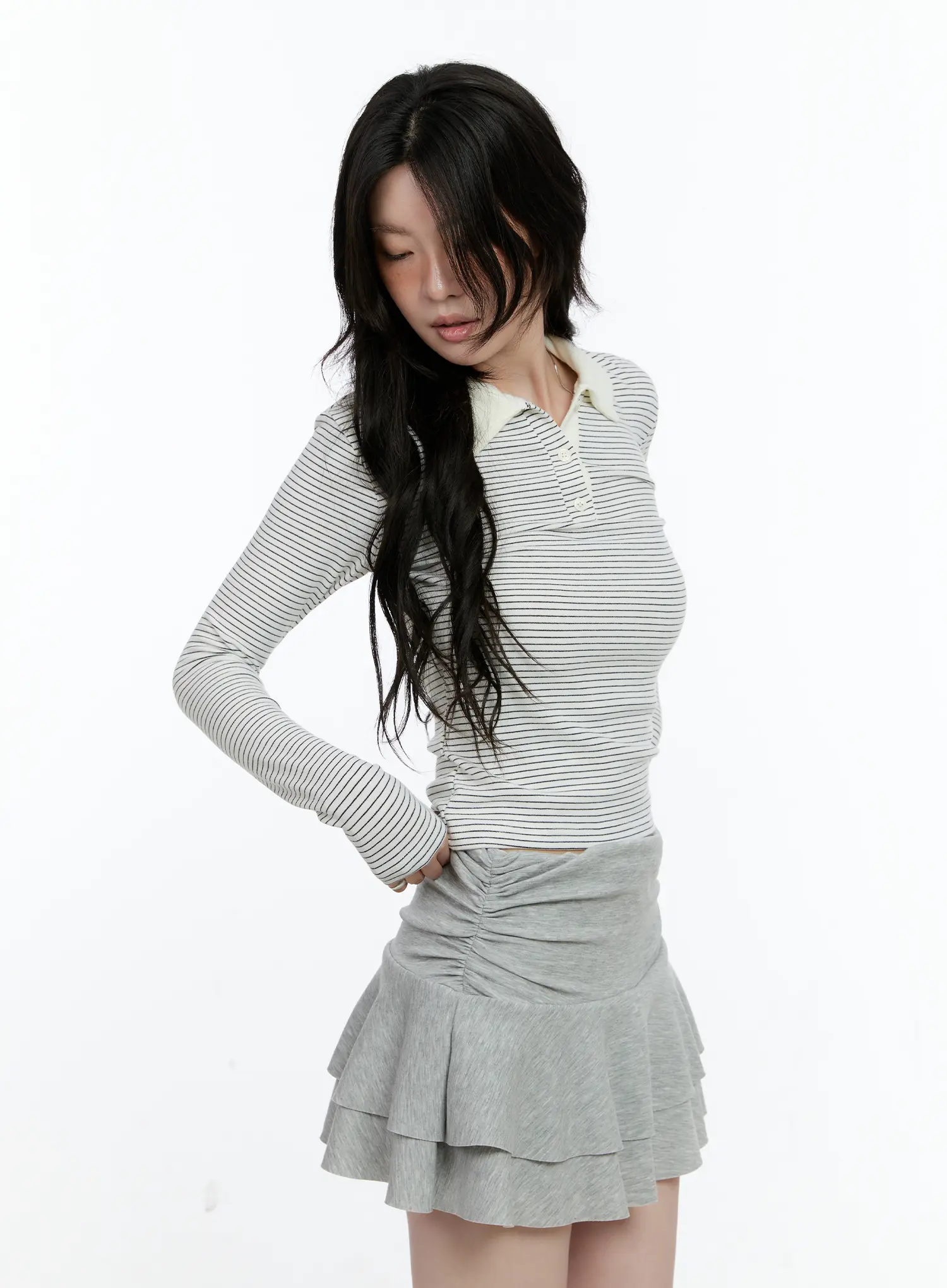 Striped Collar Long Sleeve Top CN517 - Image 7