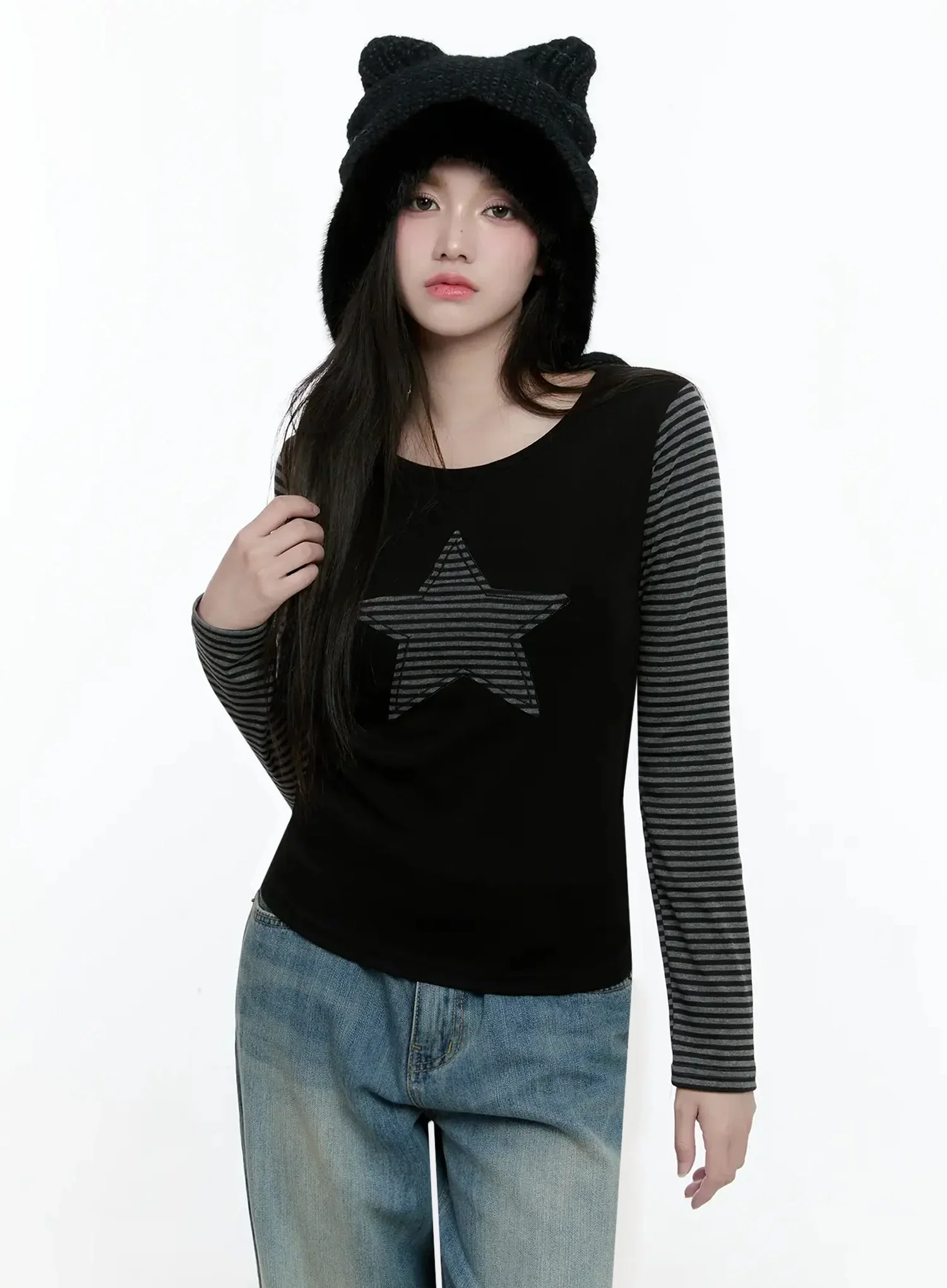 Striped Embroidery Long Sleeve Tee IO520 - Image 4