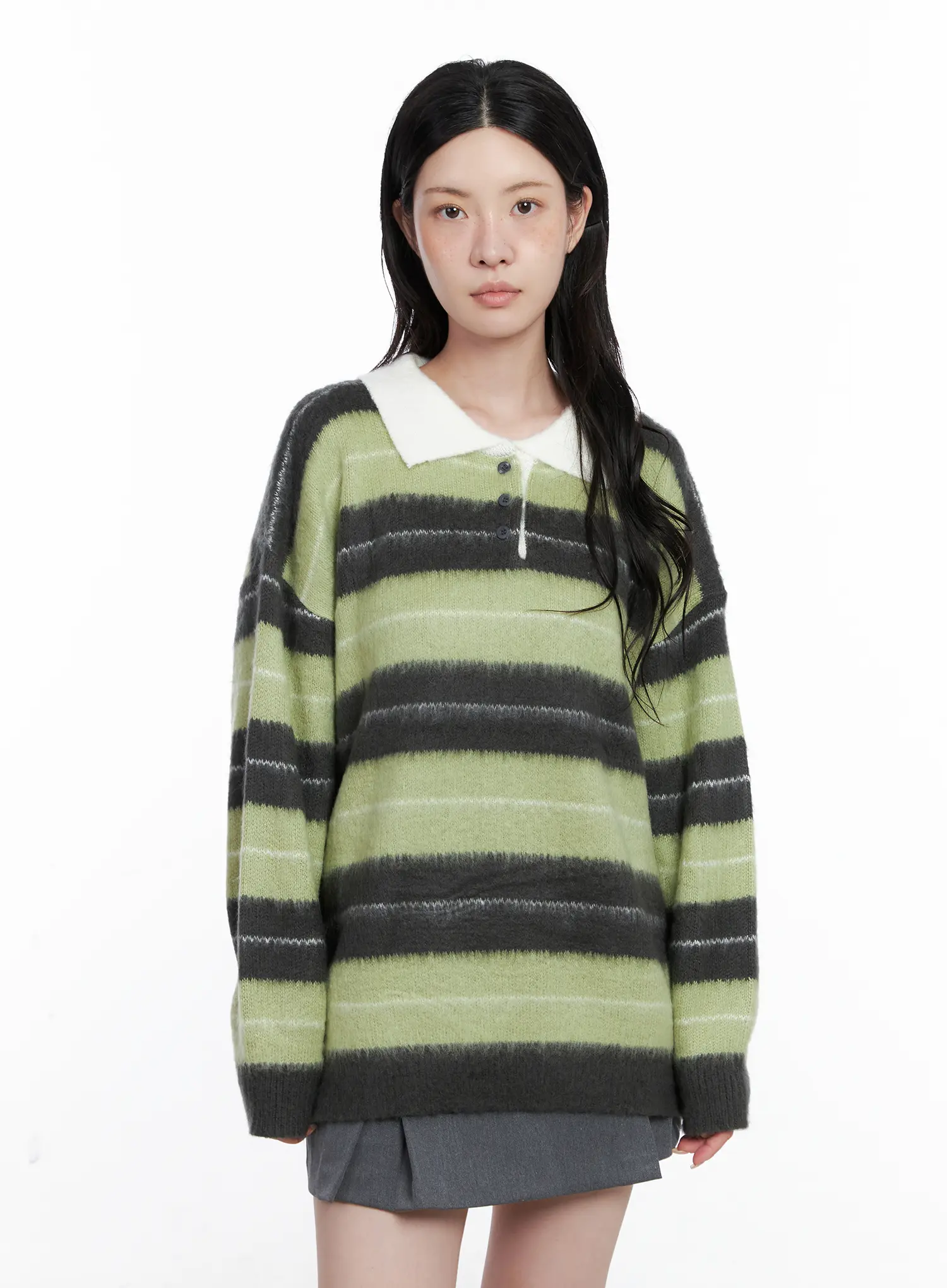 Striped Fuzzy Collared Knit Sweater CS529 - Image 2