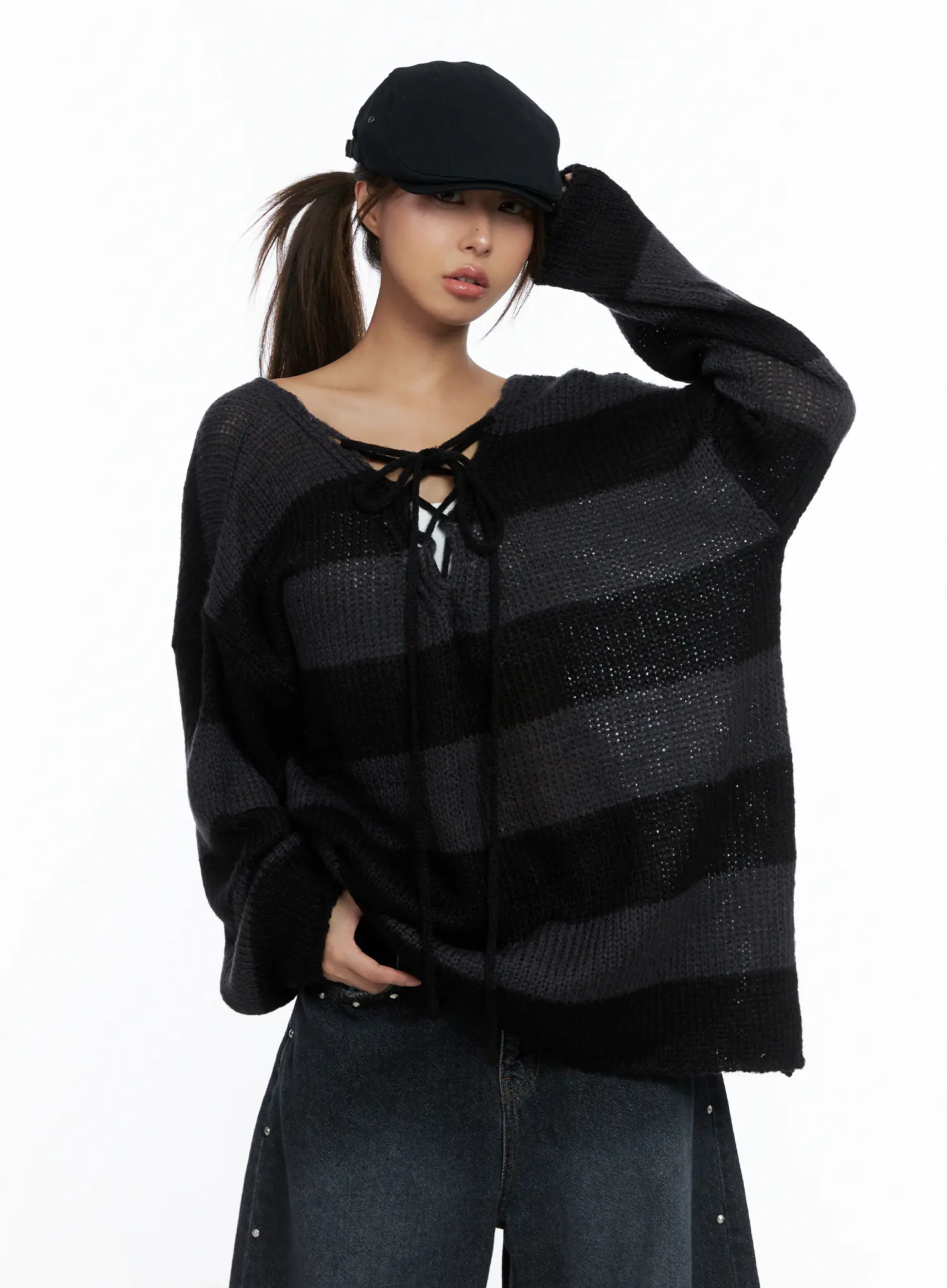 Striped Lace-Up Long-Sleeve Knit Top CS505 - Image 2