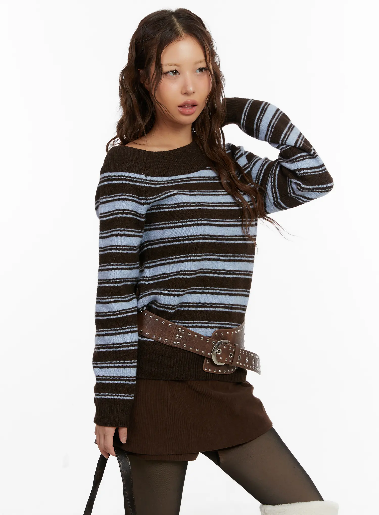 Striped Off-Shoulder Knit Sweater CD517