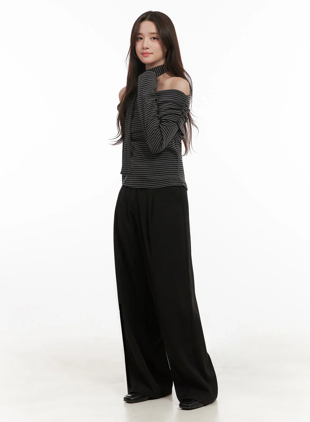 Striped Off-Shoulder Long-Sleeve Top IJ510 - Image 2