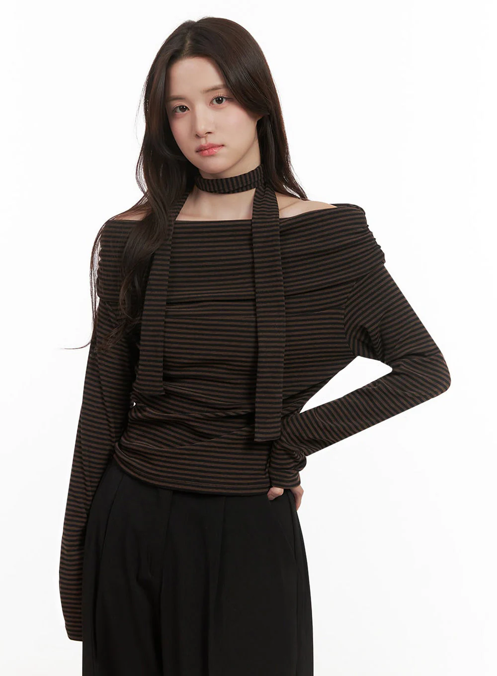 Striped Off-Shoulder Long-Sleeve Top IJ510 - Image 3