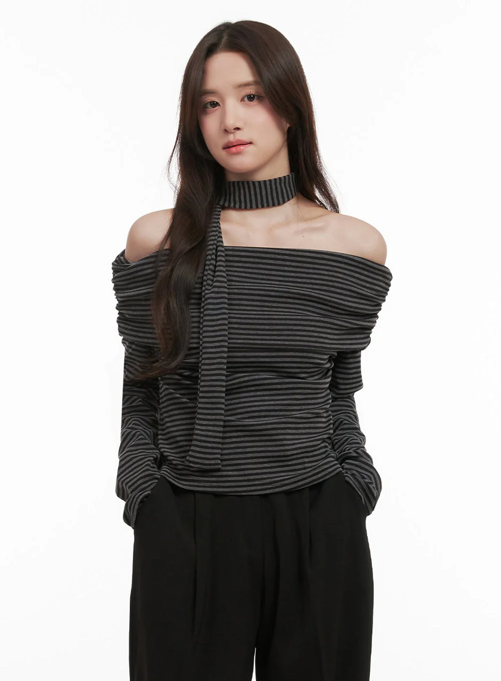 Striped Off-Shoulder Long-Sleeve Top IJ510 - Image 4