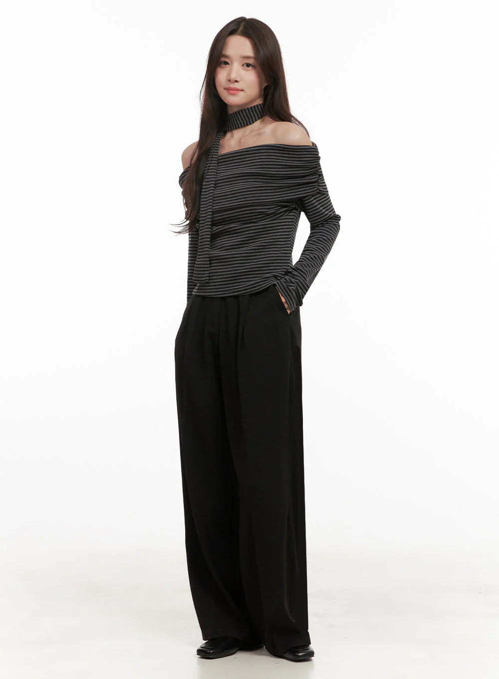 Striped Off-Shoulder Long-Sleeve Top IJ510 - Image 7