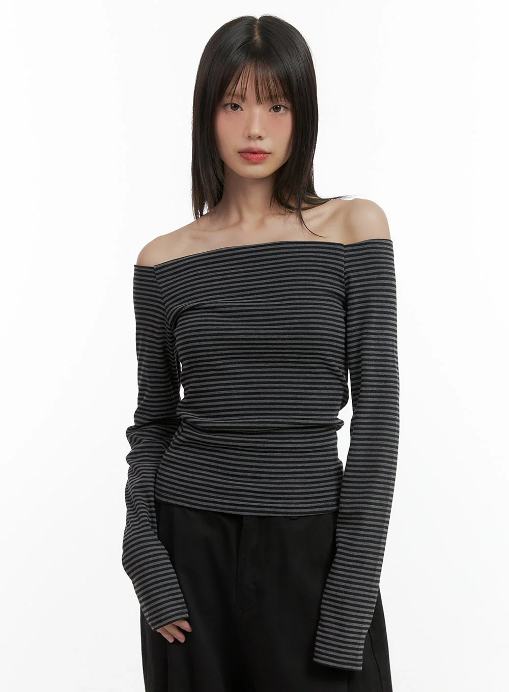 Striped Off-Shoulder Long Sleeve Top OO401 - Image 2