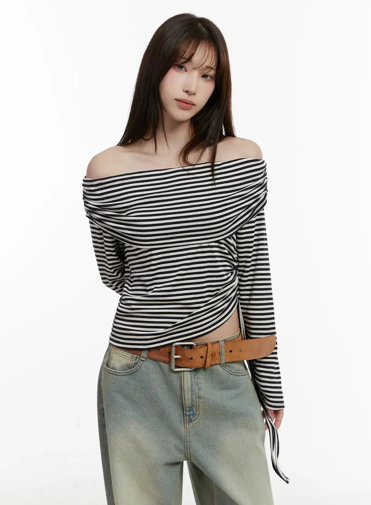 Striped Off-Shoulder Shirred Top IJ516 - Image 2