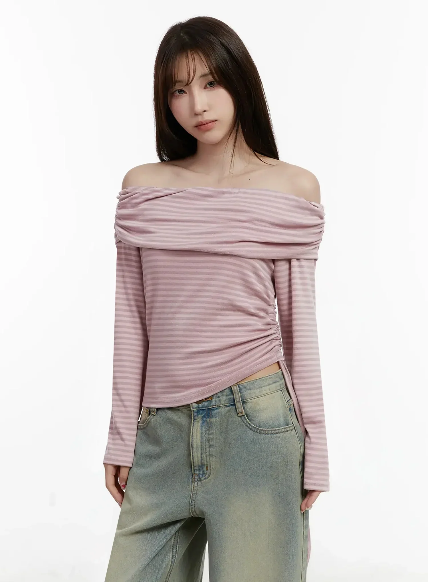 Striped Off-Shoulder Shirred Top IJ516 - Image 3