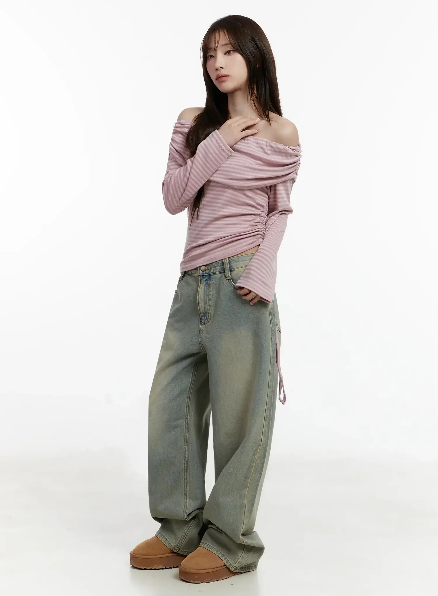 Striped Off-Shoulder Shirred Top IJ516 - Image 4