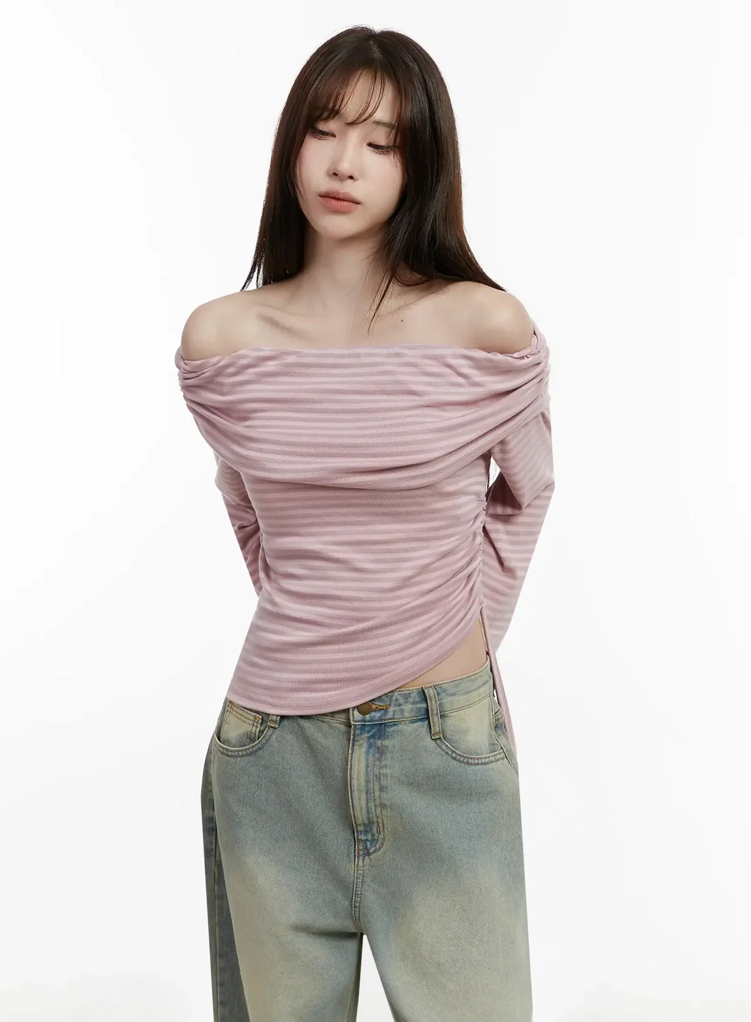 Striped Off-Shoulder Shirred Top IJ516 - Image 5