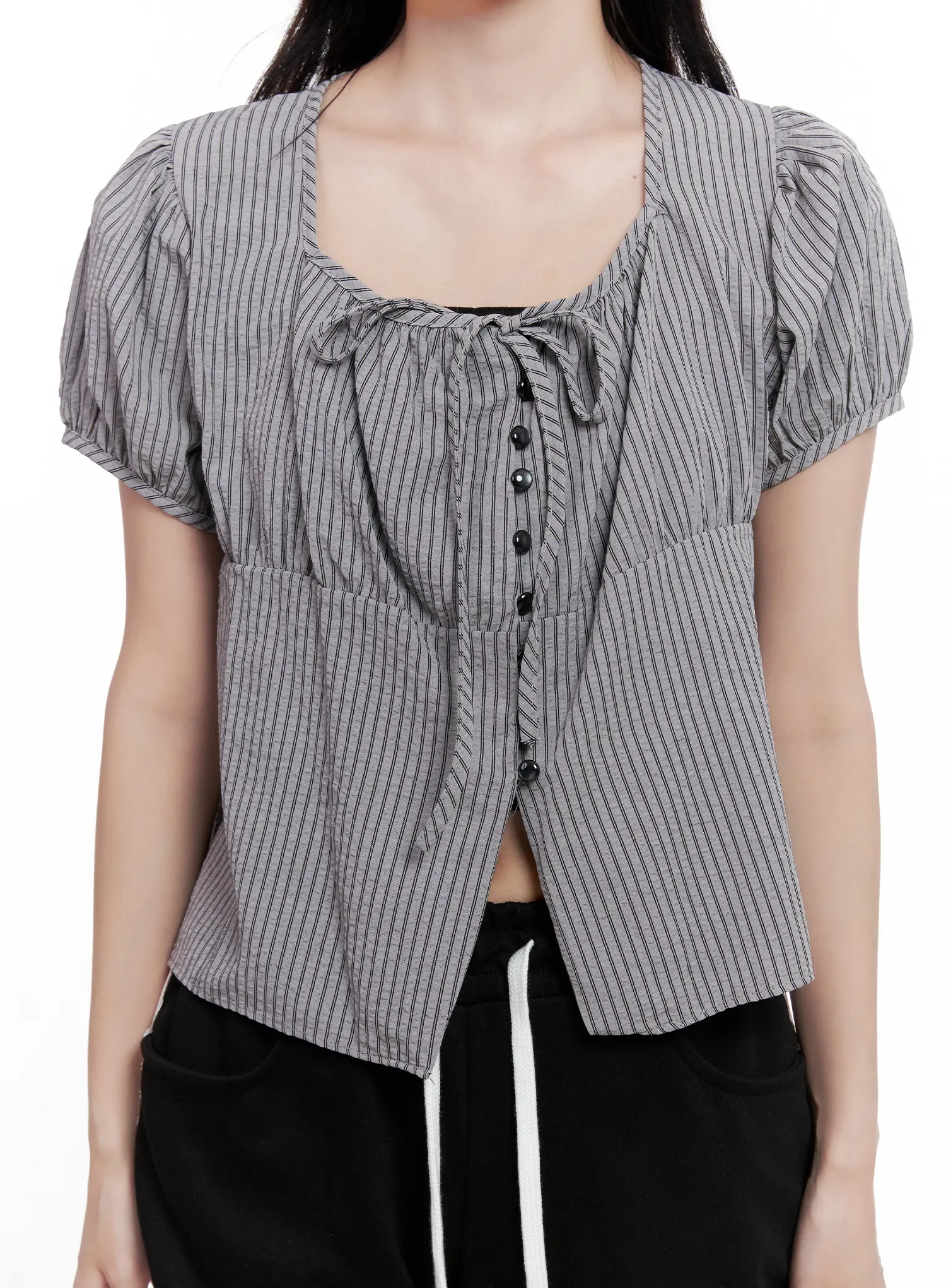 Striped Puff-Sleeve Ribbon Top CL516 - Image 8