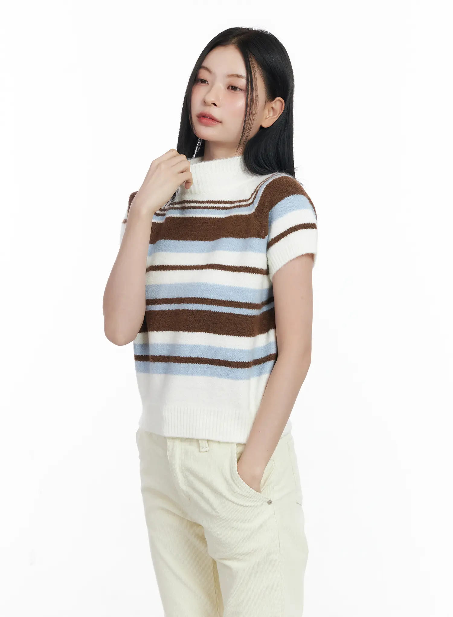Striped Turtleneck Short Sleeve Knit Top CJ520 - Image 2