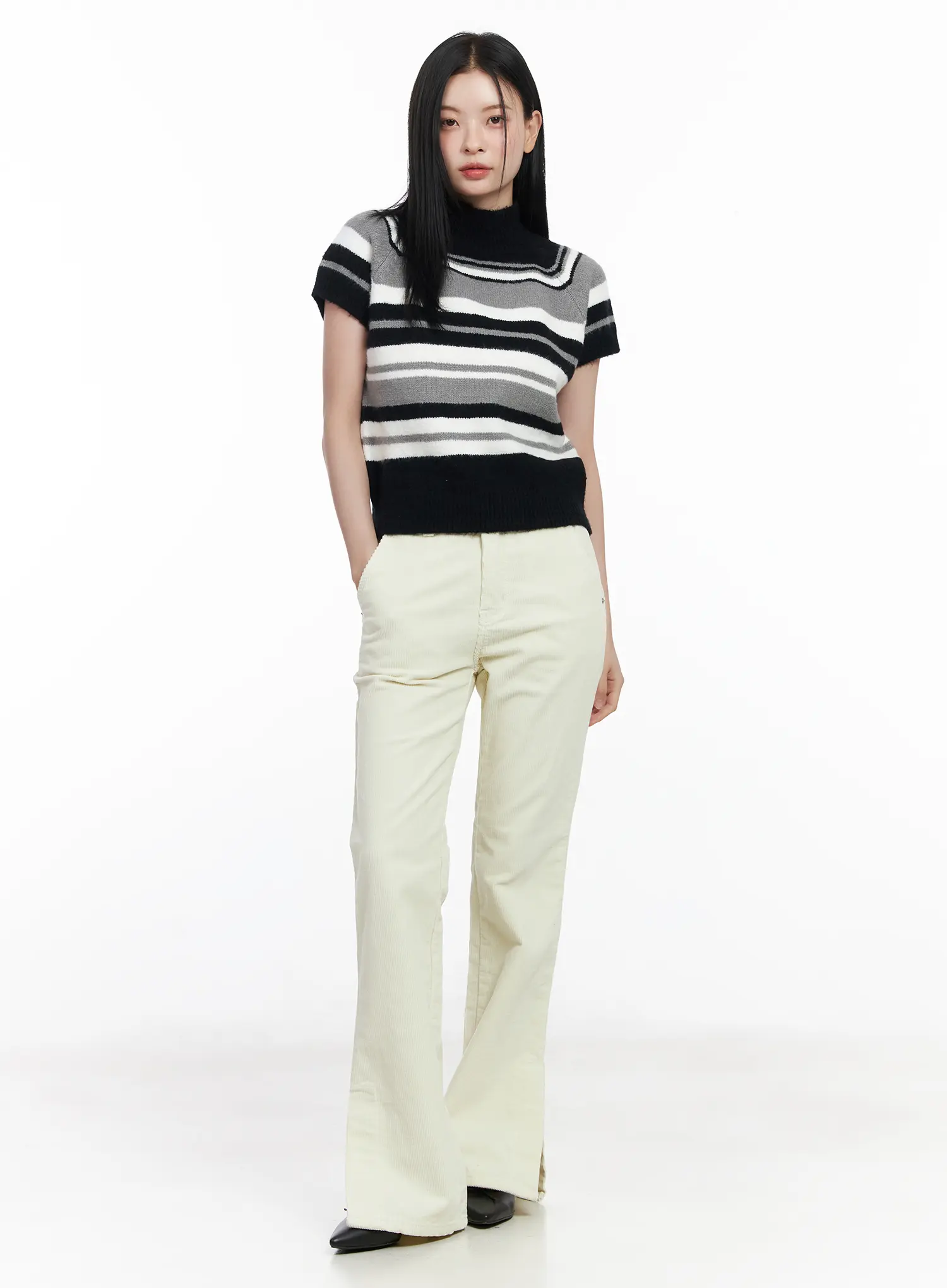 Striped Turtleneck Short Sleeve Knit Top CJ520 - Image 3