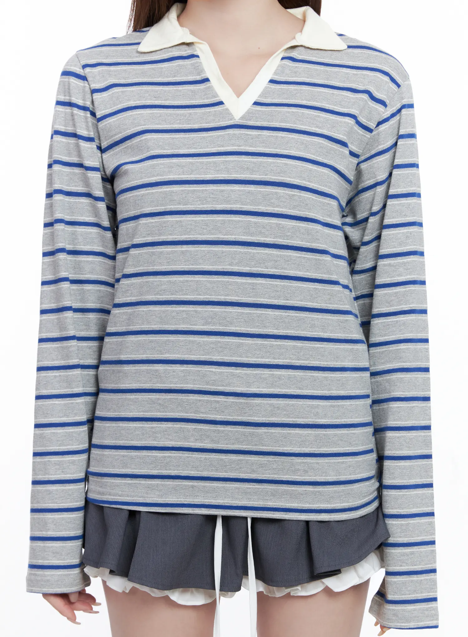 Striped V-Neck Collar Polo Shirt CG529 - Image 3