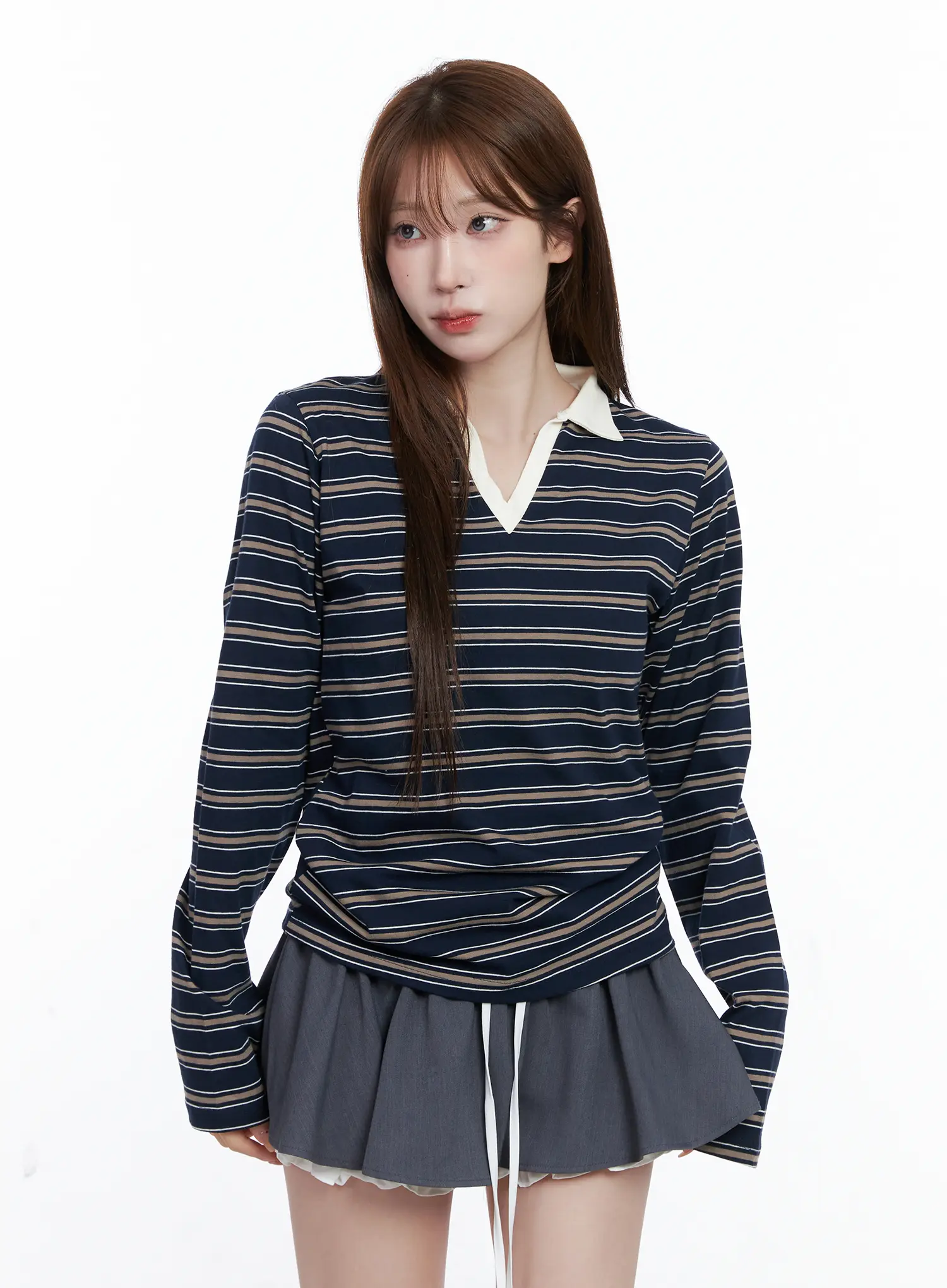 Striped V-Neck Collar Polo Shirt CG529 - Image 7